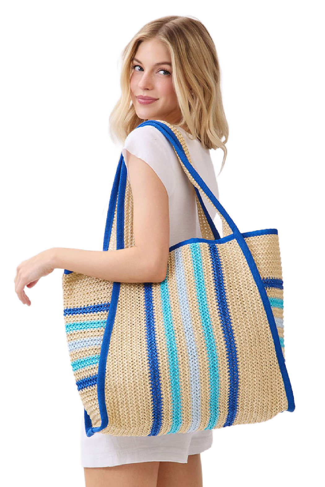 Start2Finish striped straw tote bag with colorful horizontal stripes, woven handles, perfect for casual accessories and beach outings.