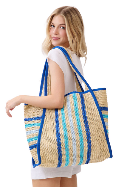 Start2Finish striped straw tote bag with colorful horizontal stripes, woven handles, perfect for casual accessories and beach outings.