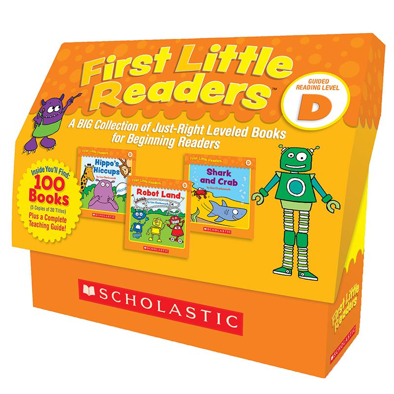 Start2Finish First Little Readers Book Box Set Level D with five copies of 20 titles, featuring colorful book covers and educational illustrations.