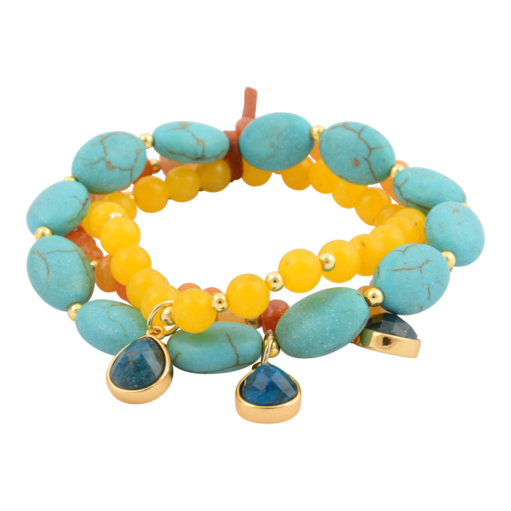 Start2Finish Patagonia jewelry set featuring blue, brown, turquoise, and golden stretch bracelets with colorful bead designs.