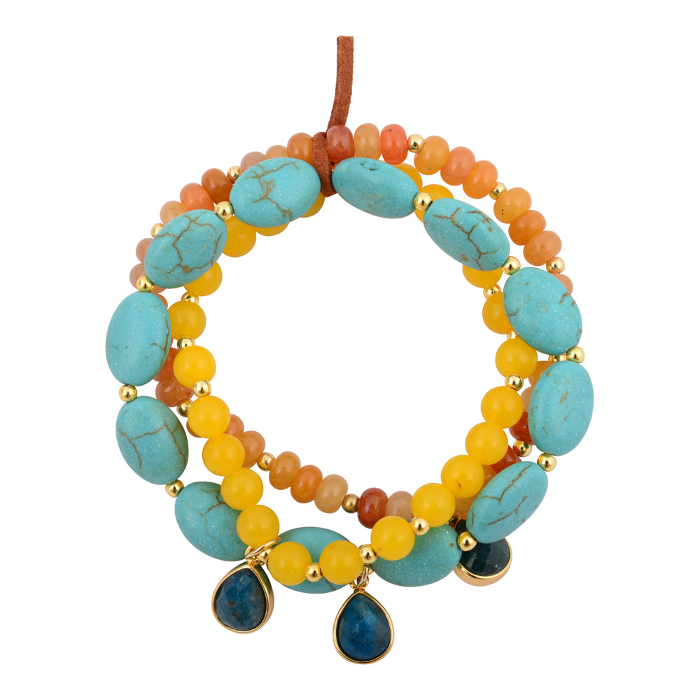 Start2Finish Patagonia jewelry set featuring blue, brown, turquoise, and golden stretch bracelets with colorful beads and mixed textures.