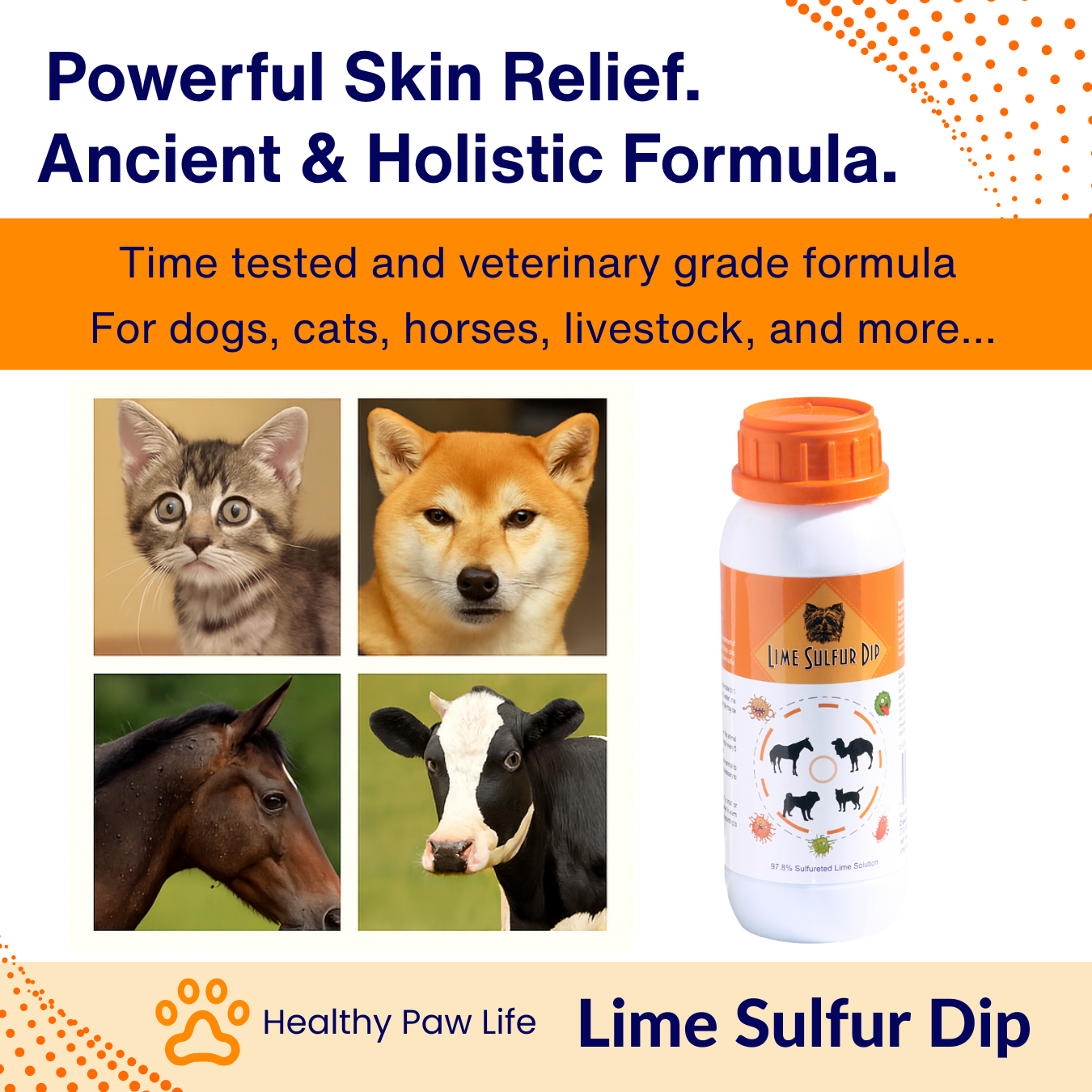 Start2Finish Lime Sulfur Dip for pets, concentrated sulfur solution in a bottle, used for skin issues in dogs, cats, horses, and livestock.