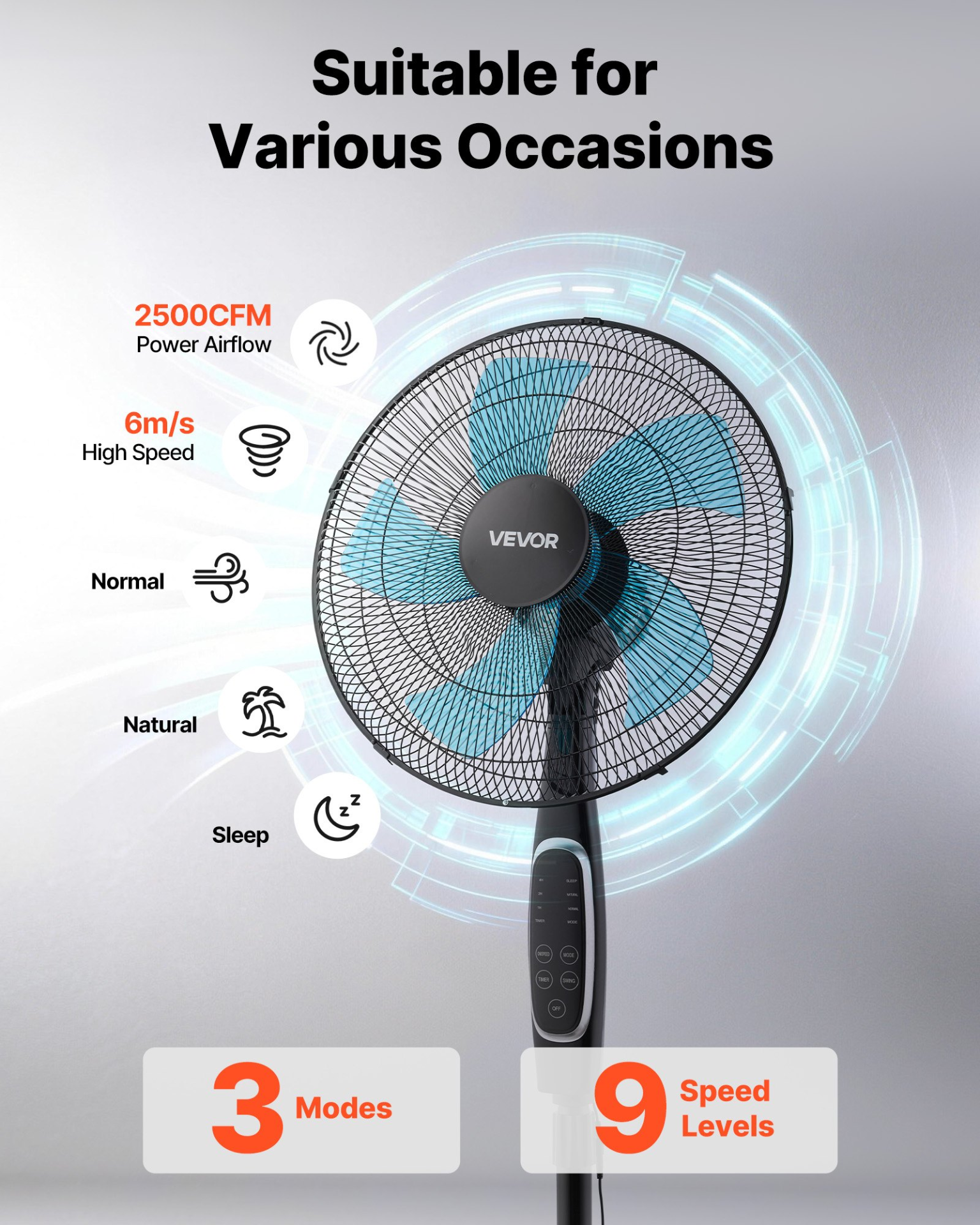 Start2Finish VEVOR 18-inch pedestal fan with remote, 9 speeds, oscillating, adjustable height, quiet DC motor, black standing floor fan.