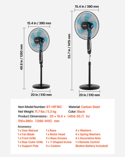 Start2Finish VEVOR 18-inch pedestal fan with remote, 9 speeds, oscillating, adjustable height, quiet DC motor, black standing fan
