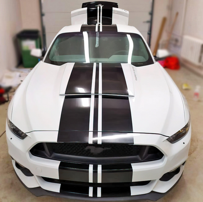 Start2Finish racing stripes automotive vinyl decals set with bold black and white racing stripe graphics on a vehicle surface.
