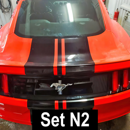 Automotive racing stripe vinyl decals set by Start2Finish with bold black and white racing stripes for vehicle customization.