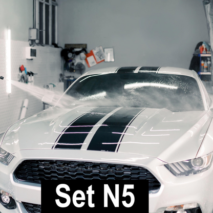 Start2Finish racing stripes automotive vinyl decals set with bold black and white vehicle graphics for car customization.