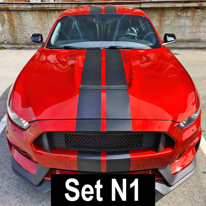 Start2Finish racing stripes vinyl decals set for cars, featuring bold black and white automotive racing stripe graphics on a vehicle.