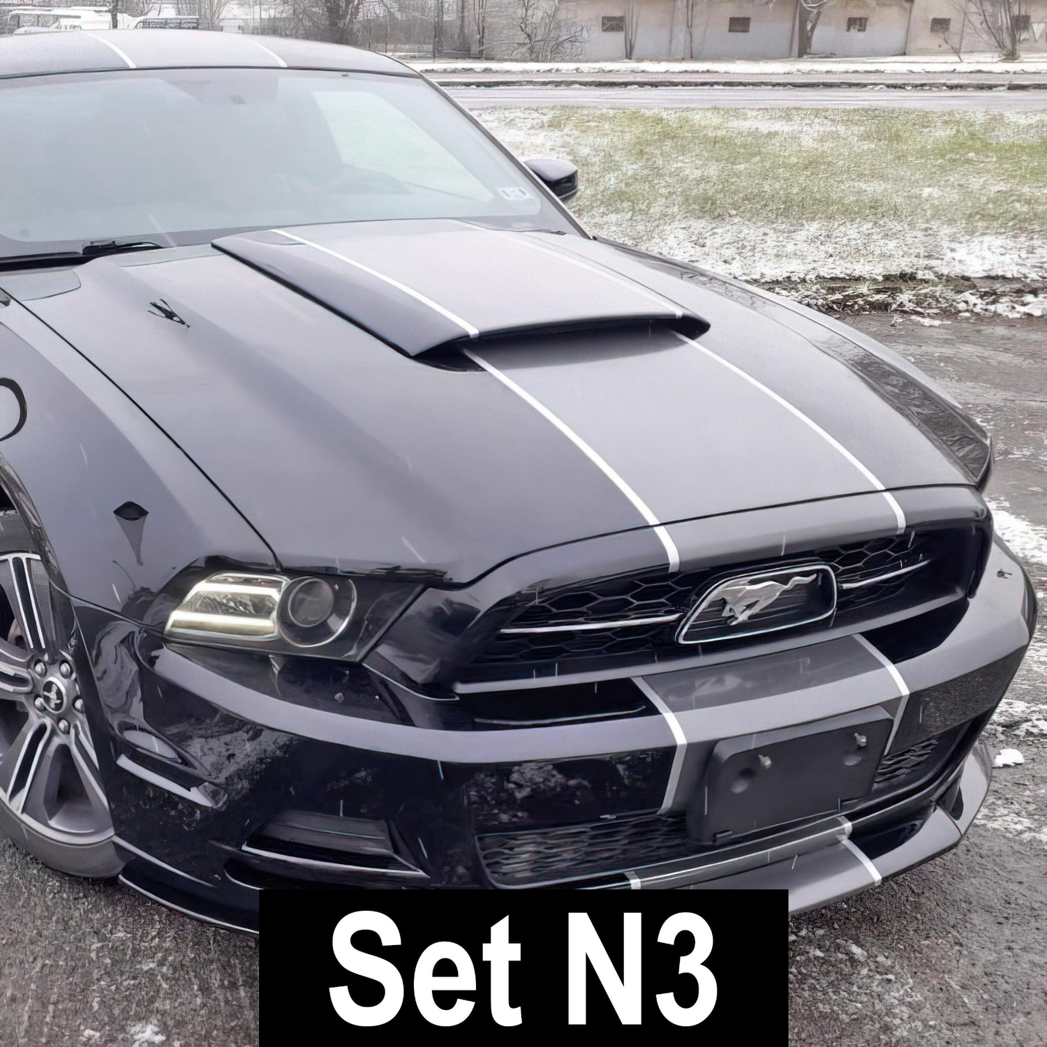 Start2Finish racing stripes car vinyl decals set with bold black and white automotive racing stripe graphics on a vehicle.