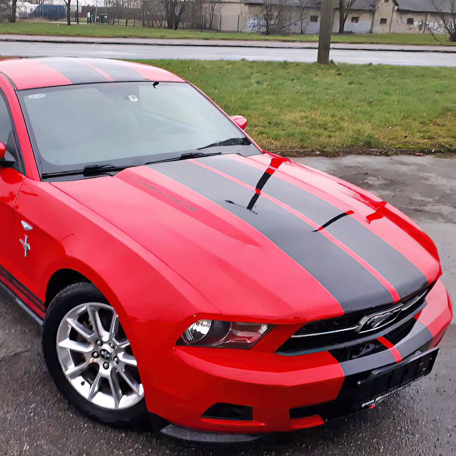 Start2Finish automotive racing stripes vinyl decals set shown on a vehicle, featuring bold black and white racing stripe graphics.