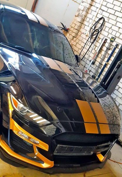 Start2Finish automotive racing stripes vinyl decals set with bold, colorful vehicle graphics shown on a car for a sporty look.