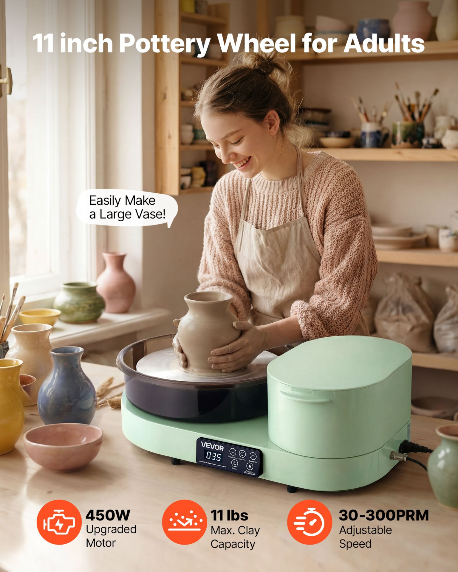 Start2Finish VEVOR pottery wheel for adults with 11-inch aluminum turntable, 450W electric table top clay art craft tool in green
