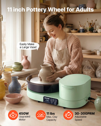 Start2Finish VEVOR pottery wheel for adults with 11-inch aluminum turntable, 450W electric table top clay art craft tool in green