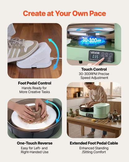 Start2Finish VEVOR pottery wheel for adults with 11-inch aluminum turntable, 450W electric motor, adjustable speed, green finish.