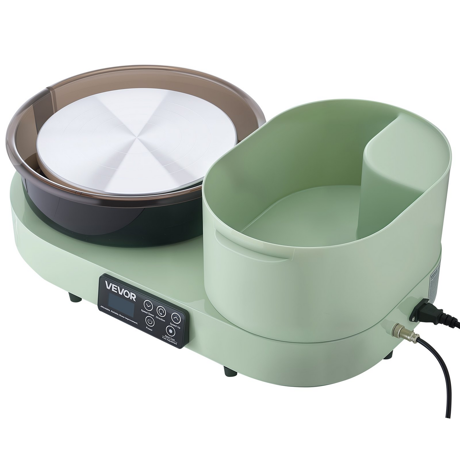 Start2Finish VEVOR pottery wheel for adults with 11-inch aluminum turntable, 450W motor, foot pedal, adjustable speed, green color.