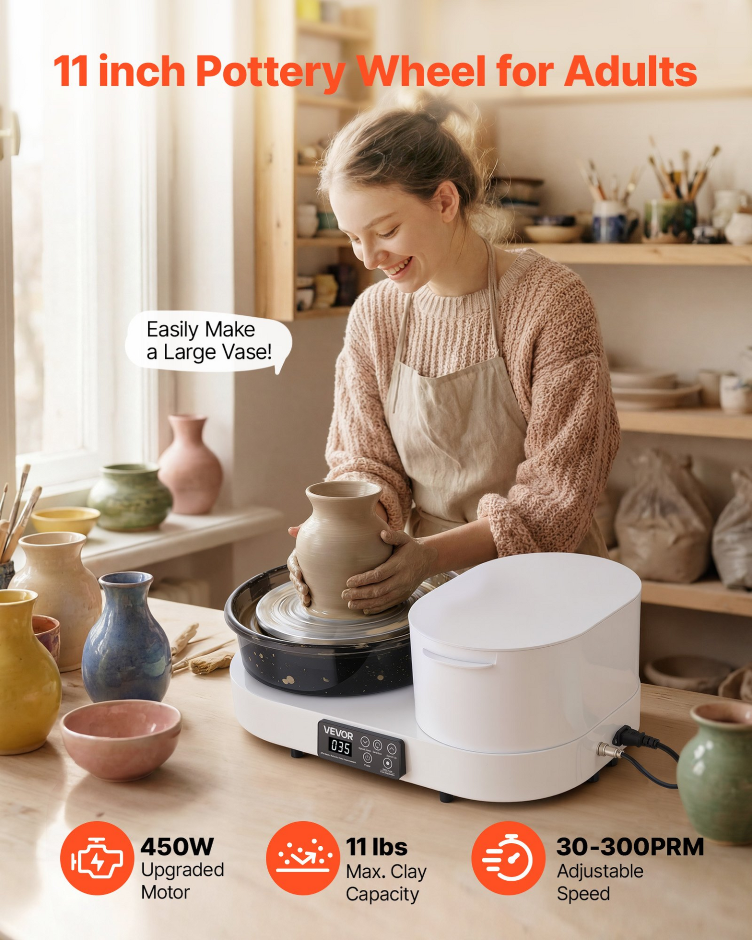 Start2Finish VEVOR pottery wheel for adults with 11-inch aluminum turntable, 450W electric motor, adjustable speed, white tabletop craft tool