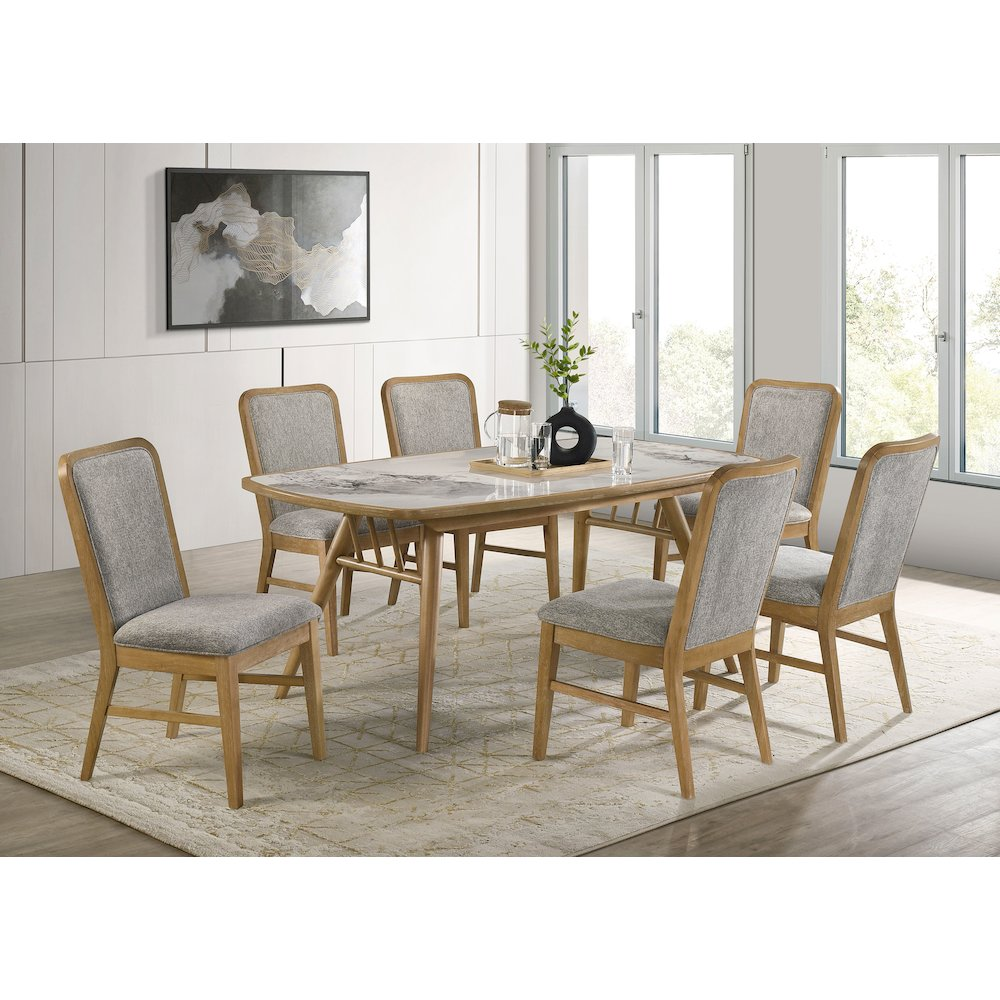 Start2Finish Croyden 7-piece rectangular dining set with weathered natural finish, includes table and six matching chairs.