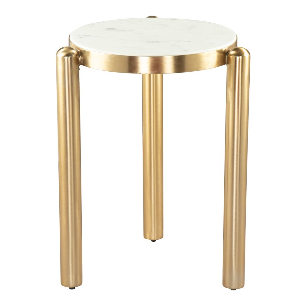 Start2Finish Noan side table in white with gold accents, showcasing a sleek modern design with a round top and slim legs.