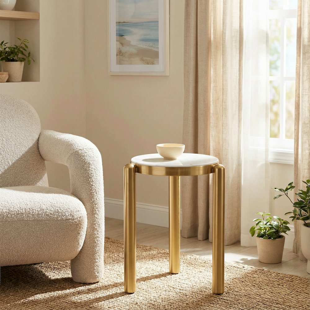 Noan side table by Start2Finish with a white surface and gold metal legs, modern and stylish home decor accent piece.