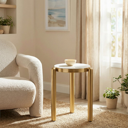 Noan side table by Start2Finish with a white surface and gold metal legs, modern and stylish home decor accent piece.