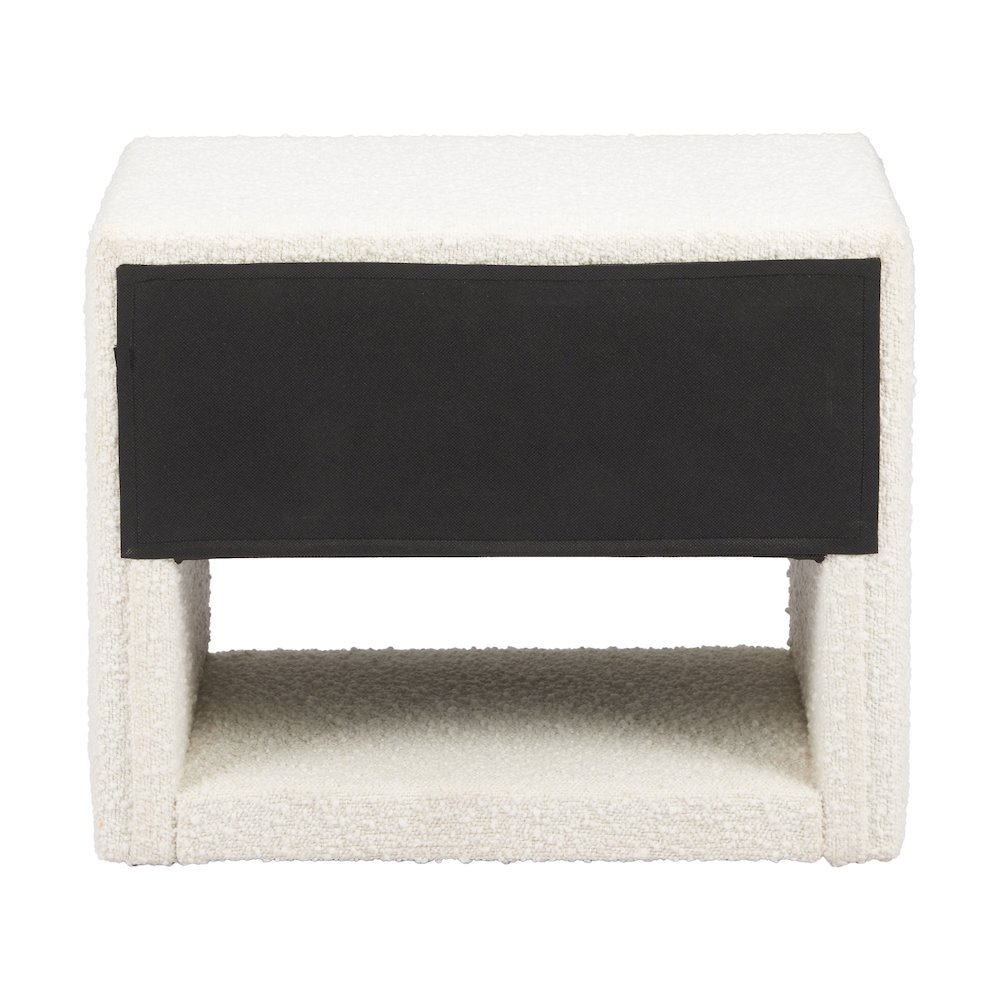 Ivory Baris Nightstand by Start2Finish with a sleek design, featuring a drawer and sturdy legs in a modern bedroom setting.