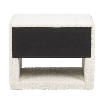 Ivory Baris Nightstand by Start2Finish with a sleek design, featuring a drawer and sturdy legs in a modern bedroom setting.