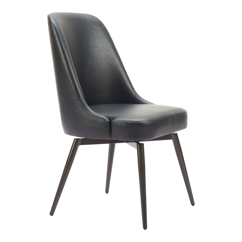 Set of two black Keppel Swivel Dining Chairs by Start2Finish with padded seats and backrests, shown in a modern dining room setting.