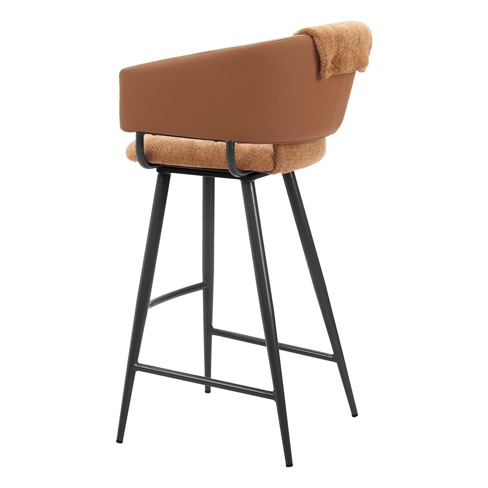 Set of two brown Juno Barstools by Start2Finish with sleek wood legs and round cushioned seats.