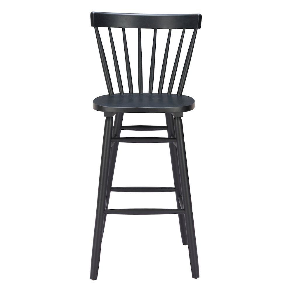 Two black Tyce barstools by Start2Finish featuring modern design and sturdy metal legs on a kitchen or bar setup.