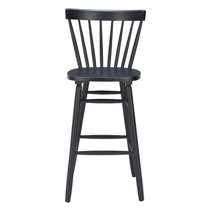 Two black Tyce barstools by Start2Finish featuring modern design and sturdy metal legs on a kitchen or bar setup.