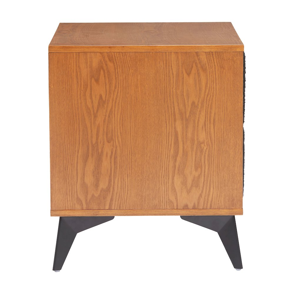Start2Finish Zarif nightstand in black and walnut finish, featuring a sleek modern design with a drawer and open storage compartment.
