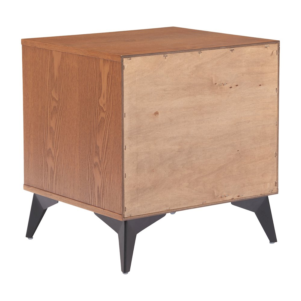 Black and walnut Zarif nightstand from Start2Finish, showing a sleek modern furniture piece with a drawer and open shelf.
