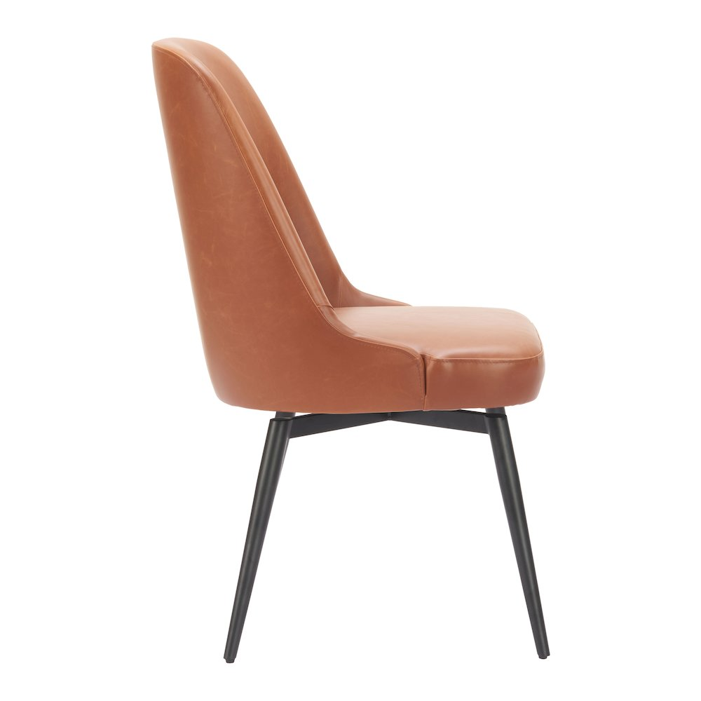 Set of two brown Keppel swivel dining chairs by Start2Finish with cushioned seats and modern design, shown from a side angle.