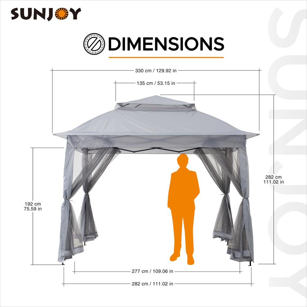 Gray Start2Finish 11x11 ft. pop-up steel gazebo with canopy, portable outdoor shelter, shown set up for outdoor events.