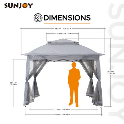 Gray Start2Finish 11x11 ft. pop-up steel gazebo with canopy, portable outdoor shelter, shown set up for outdoor events.
