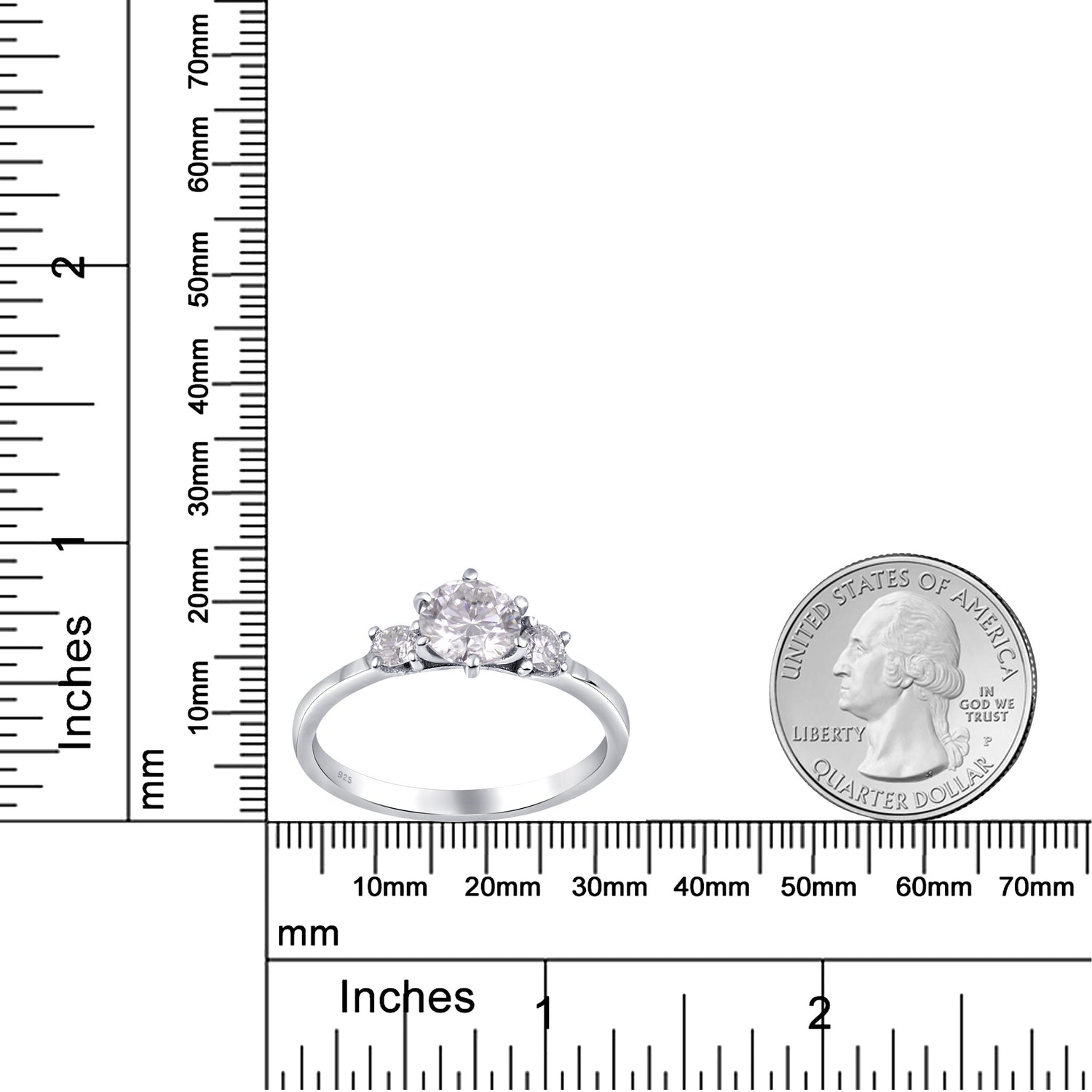 Sterling silver white moissanite 3-stone ring with sparkling gemstones, elegant jewelry by Copper Juniper.
