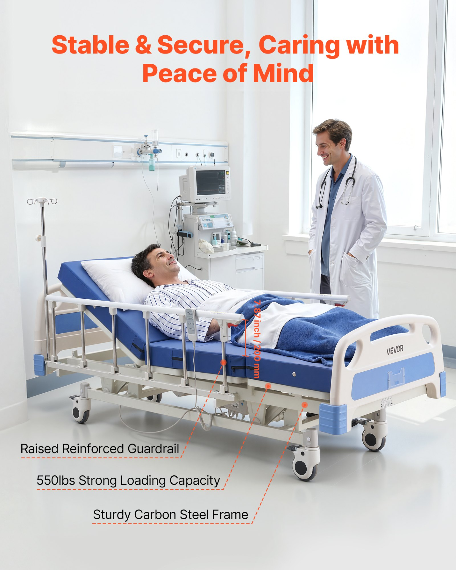 Start2Finish VEVOR electric hospital bed with adjustable backrest, legrest, height, high-density mattress, locking casters, patient transfer
