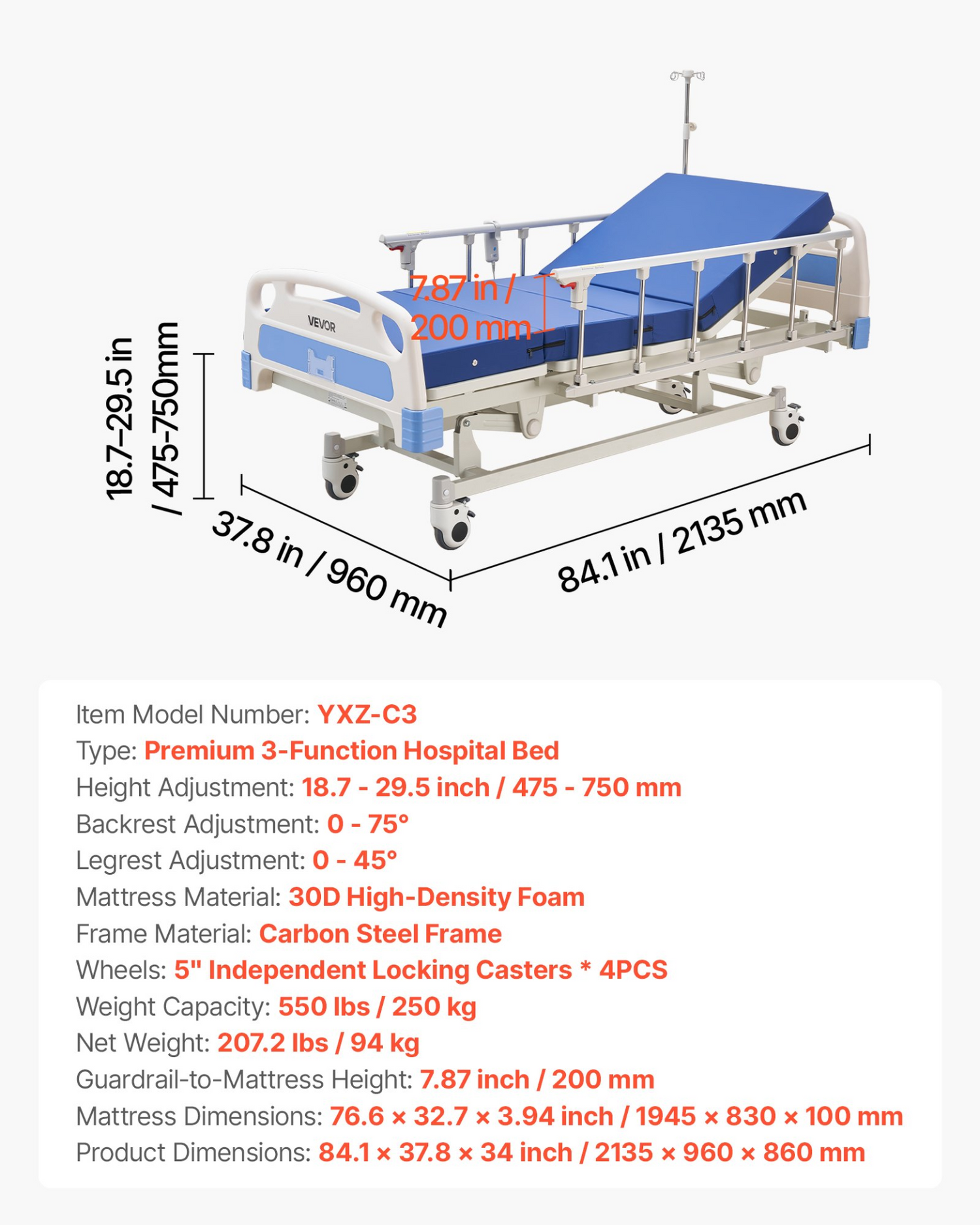 Start2Finish VEVOR 3-function electric hospital bed with backrest, legrest, height adjustment, high-density mattress, locking casters.