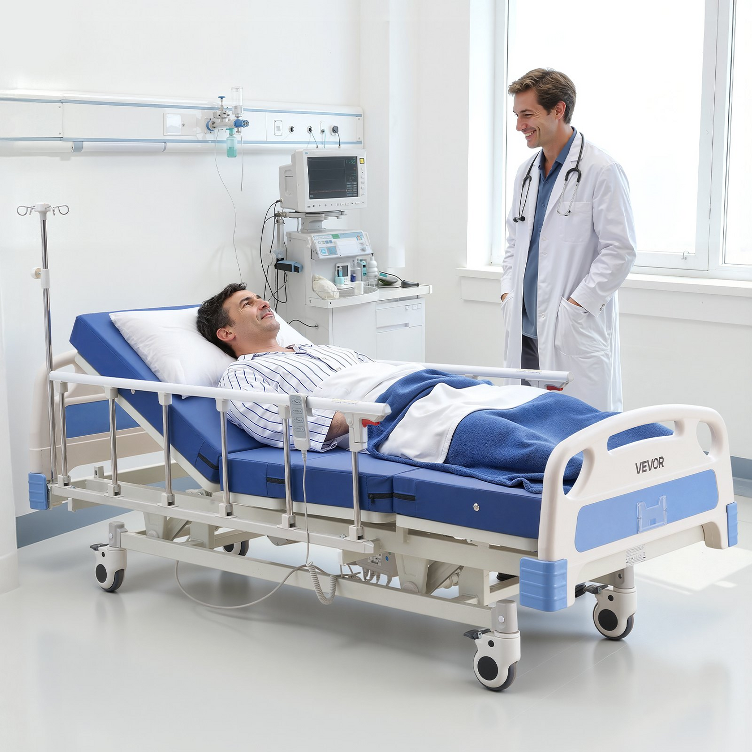 Start2Finish VEVOR electric hospital bed with adjustable backrest, legrest, height, high-density mattress, locking casters, for home care