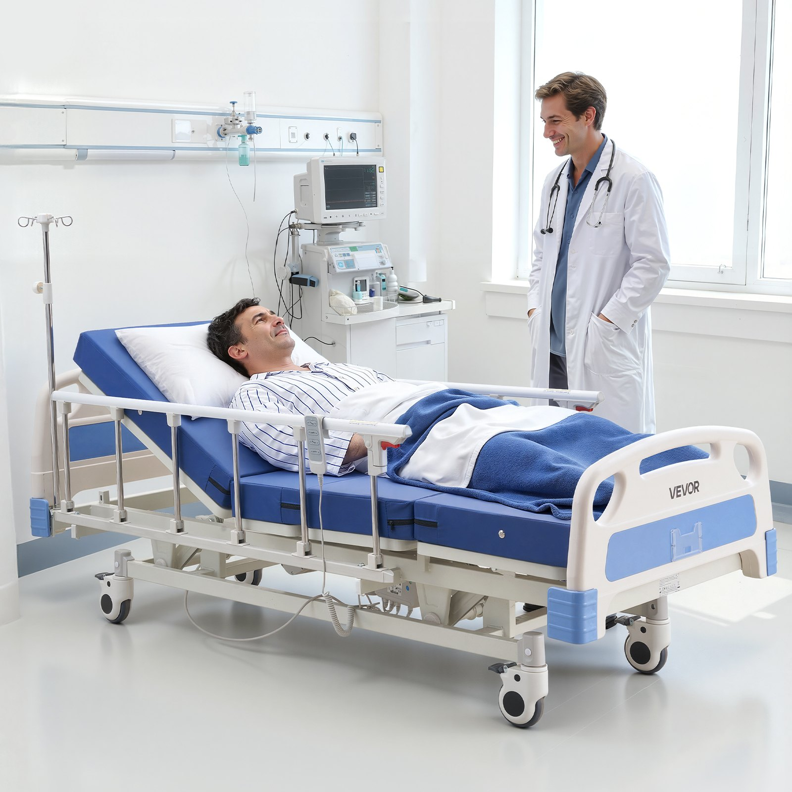 Start2Finish VEVOR electric hospital bed with adjustable backrest, legrest, height, high-density mattress, locking casters, for home care