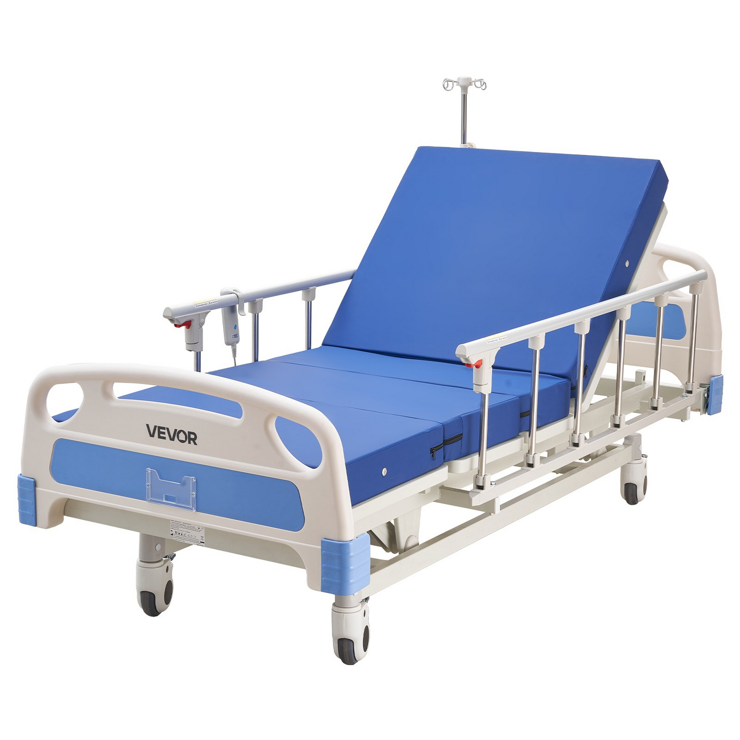 Start2Finish VEVOR electric hospital bed with backrest, legrest, height adjustment, locking casters, and high-density mattress.