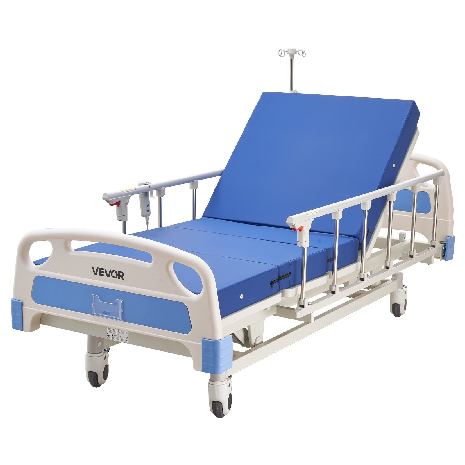 Start2Finish VEVOR electric hospital bed with backrest, legrest, height adjustment, locking casters, and high-density mattress.