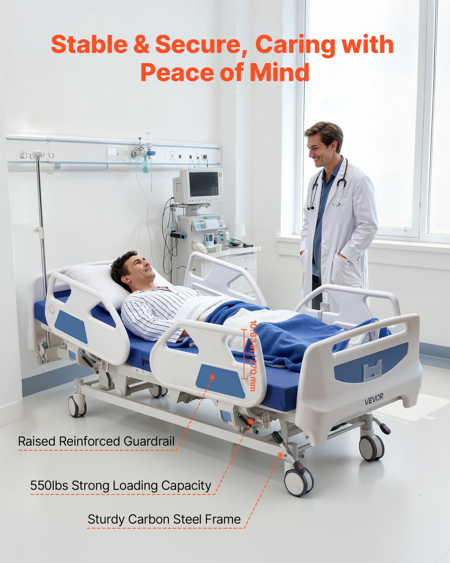 Start2Finish VEVOR electric hospital bed with adjustable head, foot, Trendelenburg, and locking casters for home medical use.