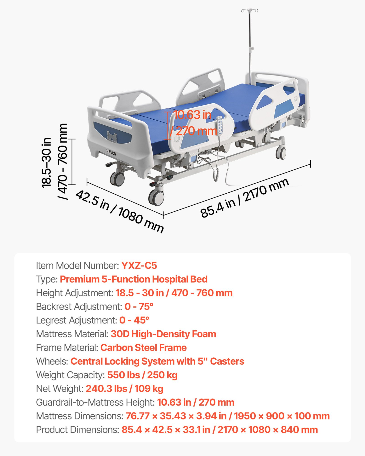 Start2Finish VEVOR 5-function electric hospital bed with Trendelenburg, central lock, casters, and sturdy frame for home medical use.