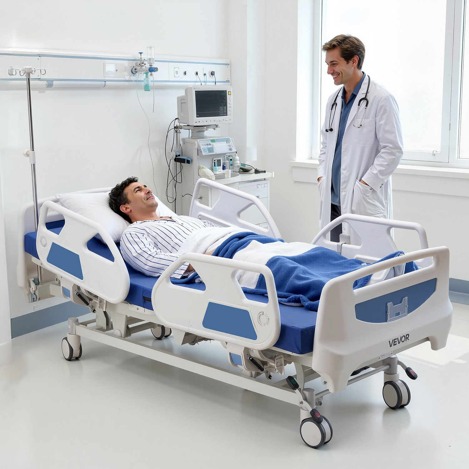 Start2Finish VEVOR electric hospital bed with 5 functions, Trendelenburg, locking system, 5" casters, suitable for home care.