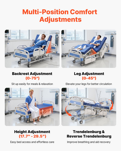Start2Finish VEVOR 5-function electric hospital bed with high-density mattress, locking casters, Trendelenburg, supports 550LBS.