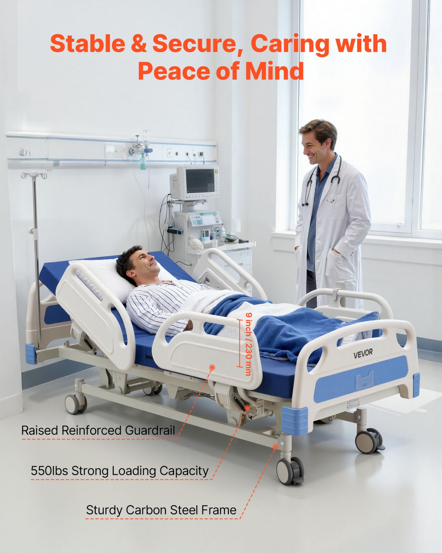 Start2Finish VEVOR 5-function electric hospital bed with adjustable Trendelenburg, high-density mattress, locking casters, and medical design.