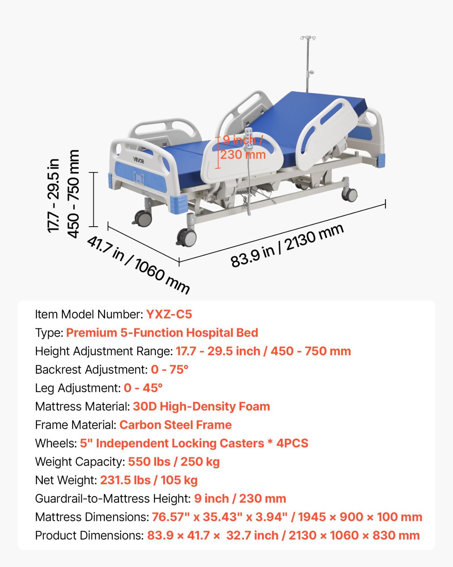 Start2Finish VEVOR electric hospital bed with adjustable positions, high-density mattress, locking casters, ideal for home medical use