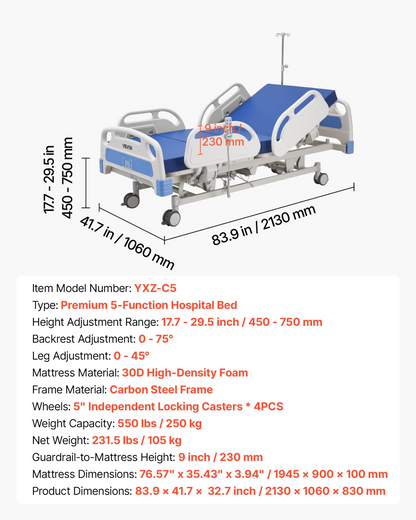 Start2Finish VEVOR electric hospital bed with adjustable positions, high-density mattress, locking casters, ideal for home medical use