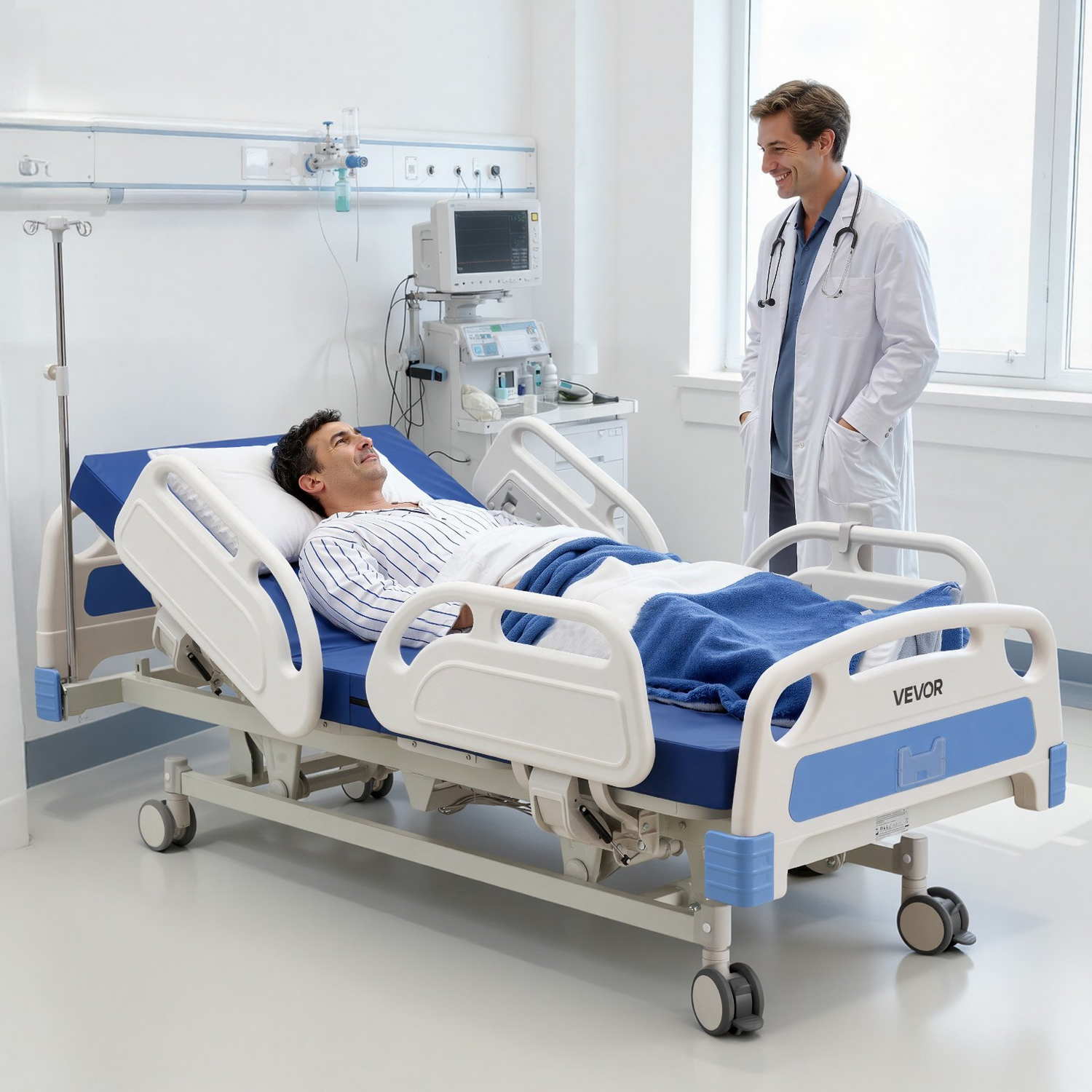 Start2Finish VEVOR electric hospital bed with adjustable head, foot, Trendelenburg, locking casters, and high-density mattress
